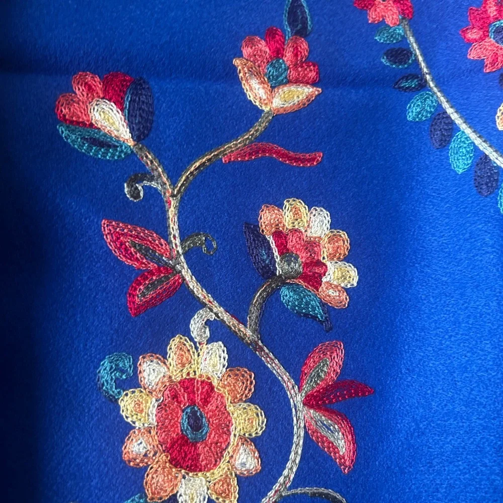 Jessica McClintock Otomi Embroidery Scarf Blue Fabric with Floral Paisley Design